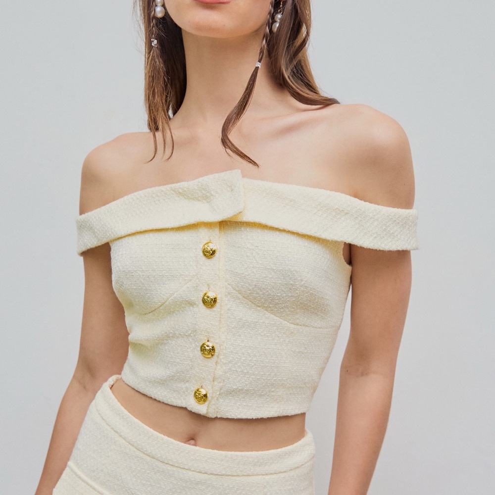 Tweed off the shoulder button crop top cider